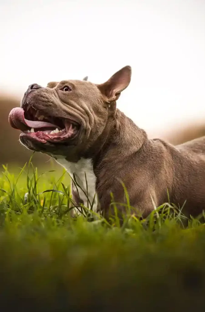 Ivar, la mascotte de l'association animalière, dans de l'herbe, la langue pendue.